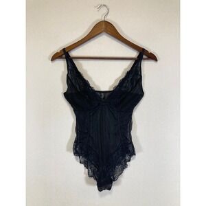 Romantic Secret Possessions Women Medium Black Lace Mesh‎ Sheer Snap Bodysuit